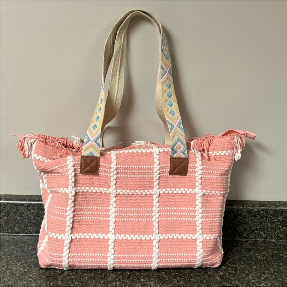 Pink and White woven Checkered Tote with Fringe embroidered handles